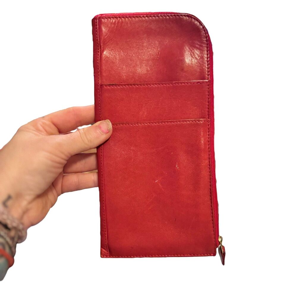 Liz Claiborne Red Leather Long Wallet Clutch Zip Around Organizer